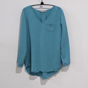 Soft Surroundings Teal Long Roll Tabs Sleeves Tunic Tencel Fabric